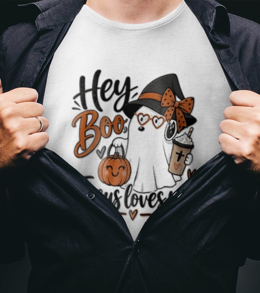 Hey Boo Jesus Loves You Ghost Witch Hat Glasses Pumpkin T-Shirt