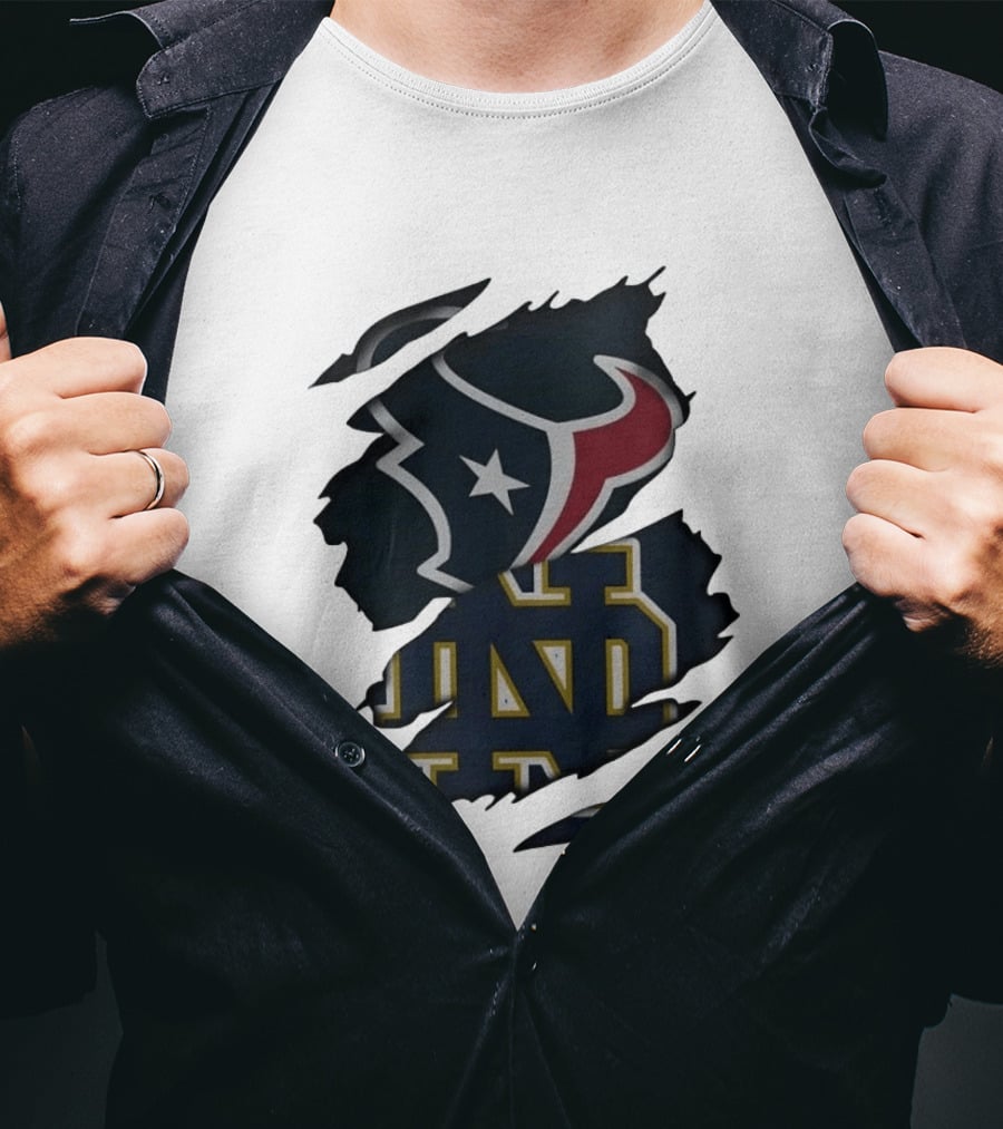 Houston Texans Notre Dame Fighting Irish Torn Fabric Collaboration T-Shirt