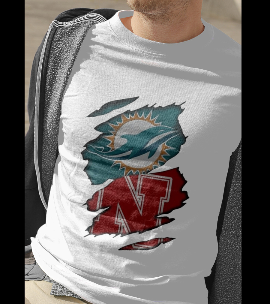 Miami Dolphins Nebraska Cornhuskers Ripped Skin Effect Football Team Fan T-Shirt