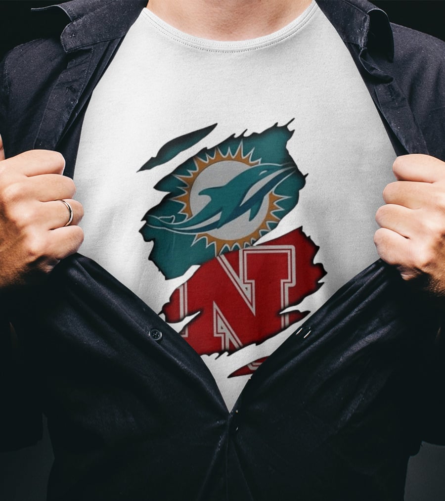 Miami Dolphins Nebraska Cornhuskers Ripped Skin Effect Football Team Fan T-Shirt