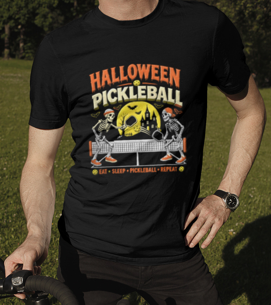 Halloween Pickleball Eat Sleep Pickleball Repeat Two Skeletons Haunted House T-Shirt