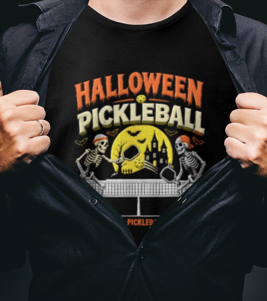 Halloween Pickleball Eat Sleep Pickleball Repeat Two Skeletons Haunted House T-Shirt