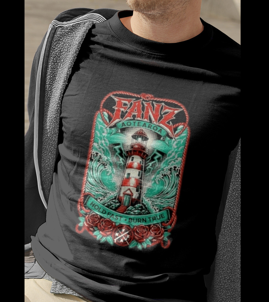 Fanz Aotearoa Hold Fast Burn True Striped Lighthouse Stormy Waves Lightning Roses Rope T-Shirt
