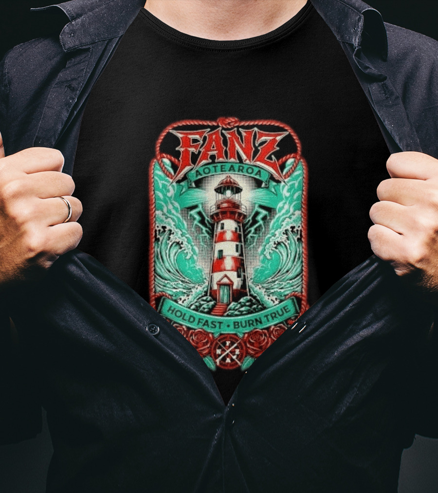 Fanz Aotearoa Hold Fast Burn True Striped Lighthouse Stormy Waves Lightning Roses Rope T-Shirt