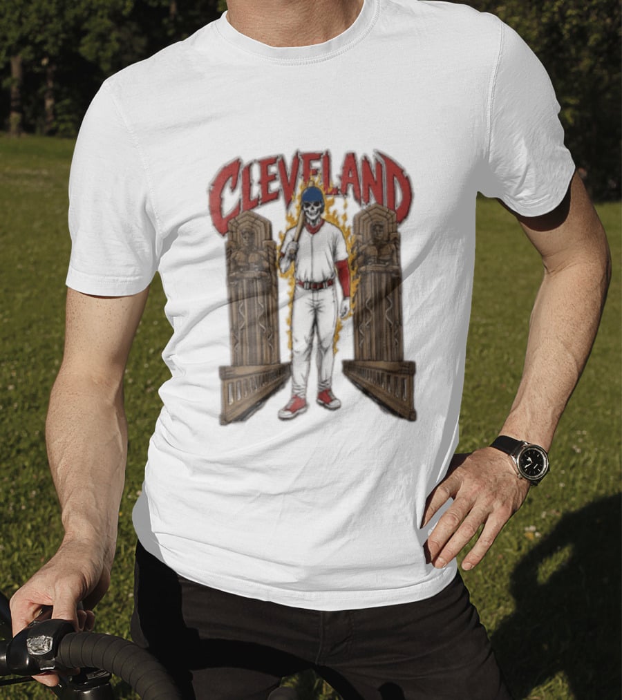 Cleveland Guardians Skeleton Baseball Player Flaming Statue T-Shirt