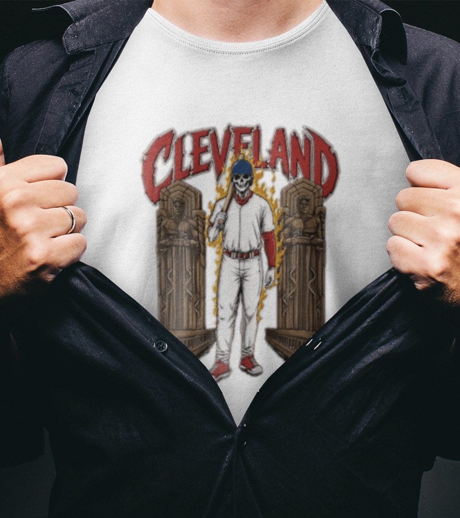 Cleveland Guardians Skeleton Baseball Player Flaming Statue T-Shirt