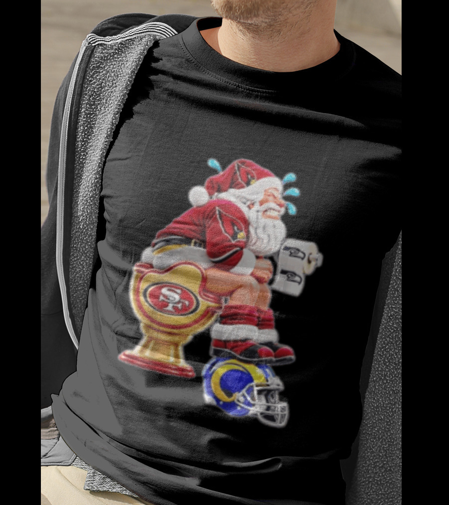 Santa Claus Sitting On San Francisco 49ers Toilet With Seattle Seahawks And Los Angeles Rams T-Shirt