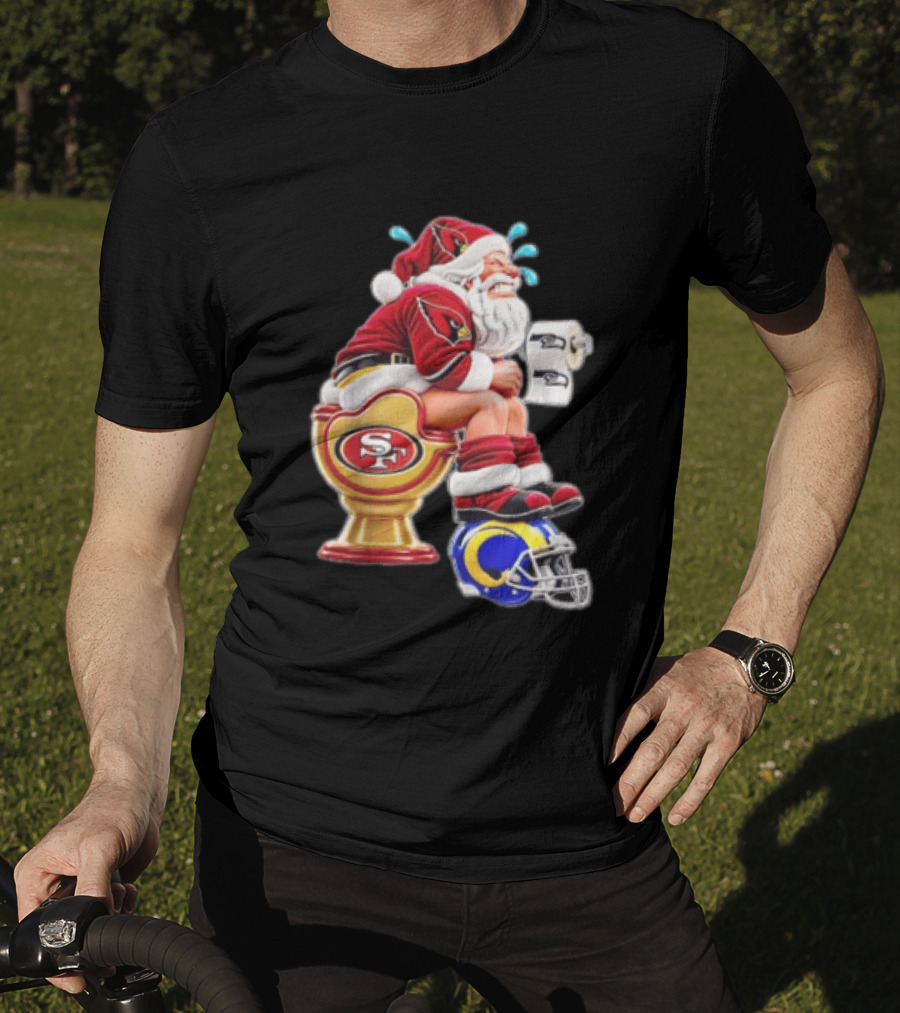 Santa Claus Sitting On San Francisco 49ers Toilet With Seattle Seahawks And Los Angeles Rams T-Shirt