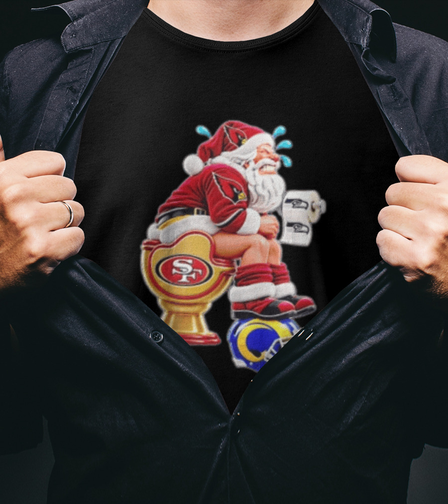 Santa Claus Sitting On San Francisco 49ers Toilet With Seattle Seahawks And Los Angeles Rams T-Shirt