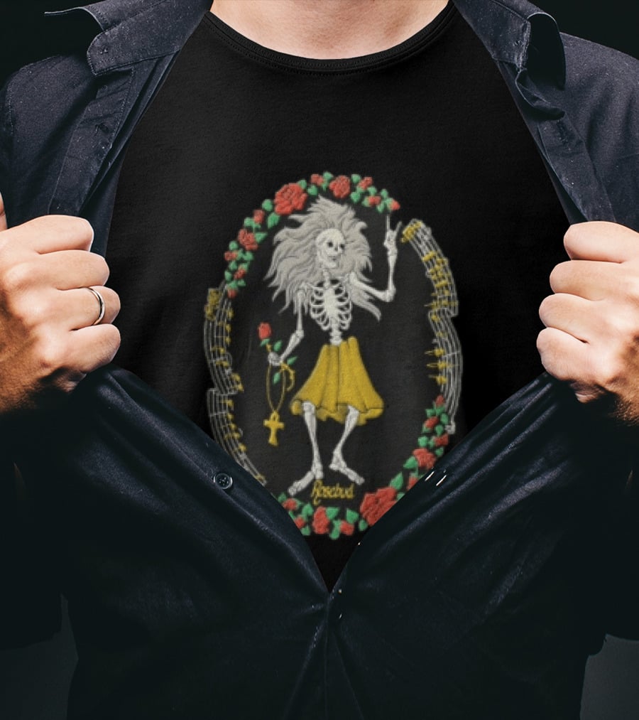Peaceful Skeleton With Long Hair Yellow Skirt Roses And Ankh T-Shirt