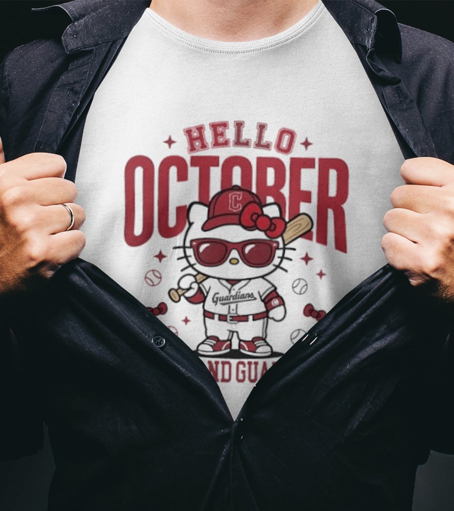 Hello Kitty Cleveland Guardians Hello October Baseball Player Cartoon T-Shirt