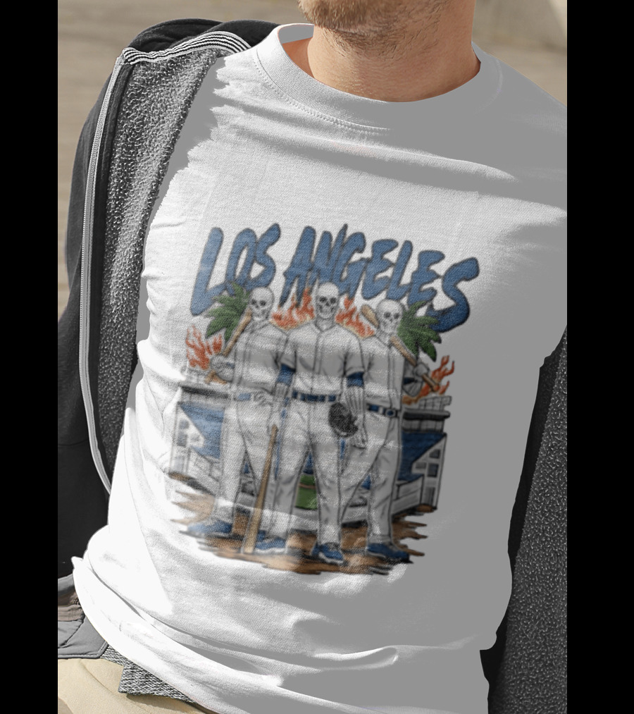 Los Angeles Skeleton Baseball Players Stadium Flames Palms T-Shirt