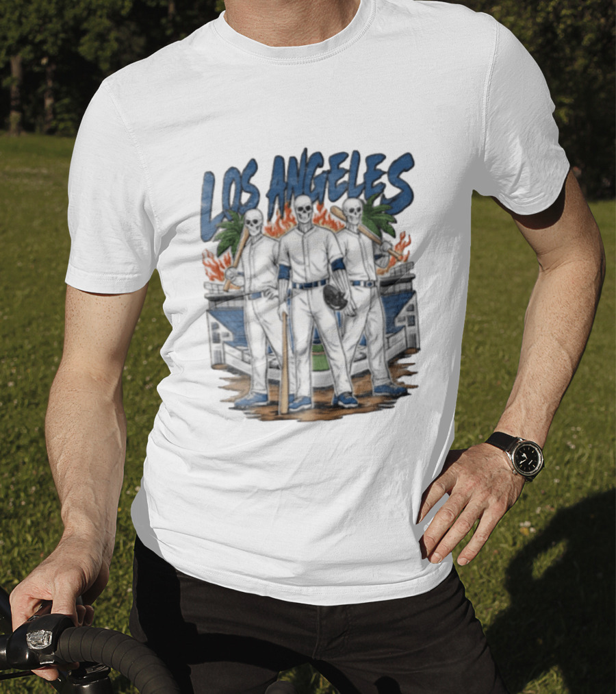 Los Angeles Skeleton Baseball Players Stadium Flames Palms T-Shirt