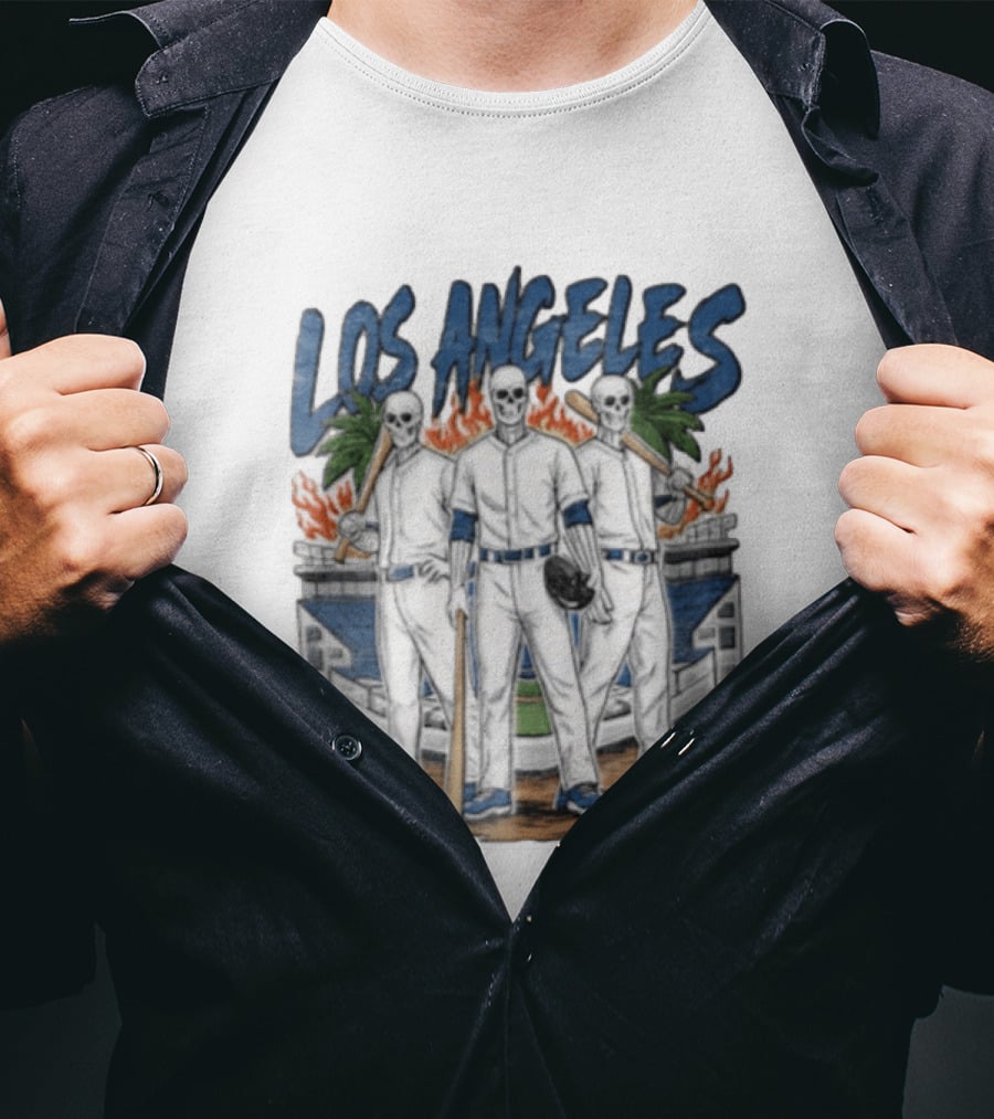 Los Angeles Skeleton Baseball Players Stadium Flames Palms T-Shirt