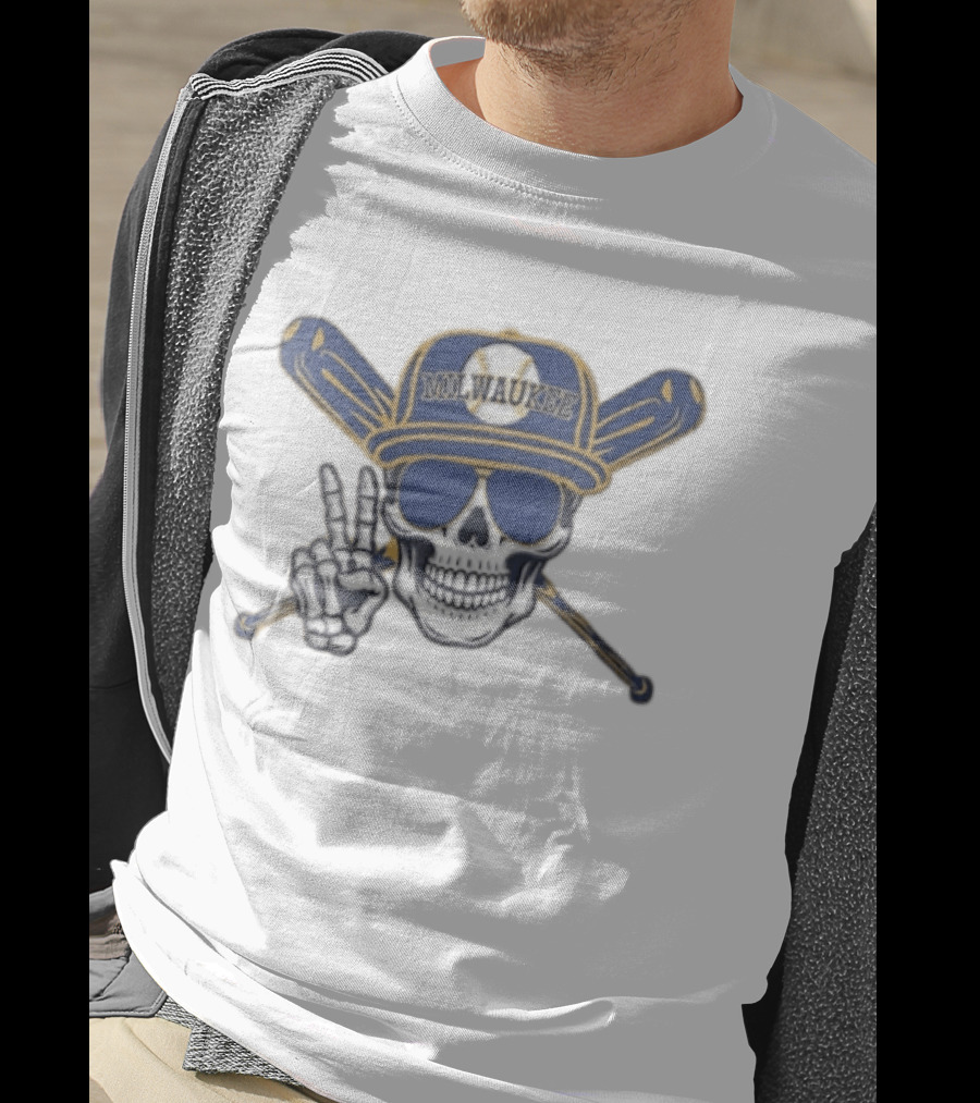 Milwaukee Brewers Skull Cap Sunglasses Peace Sign Baseball Bats T-Shirt