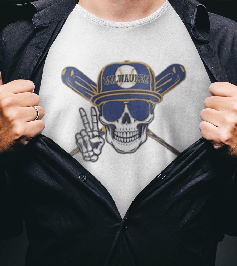 Milwaukee Brewers Skull Cap Sunglasses Peace Sign Baseball Bats T-Shirt