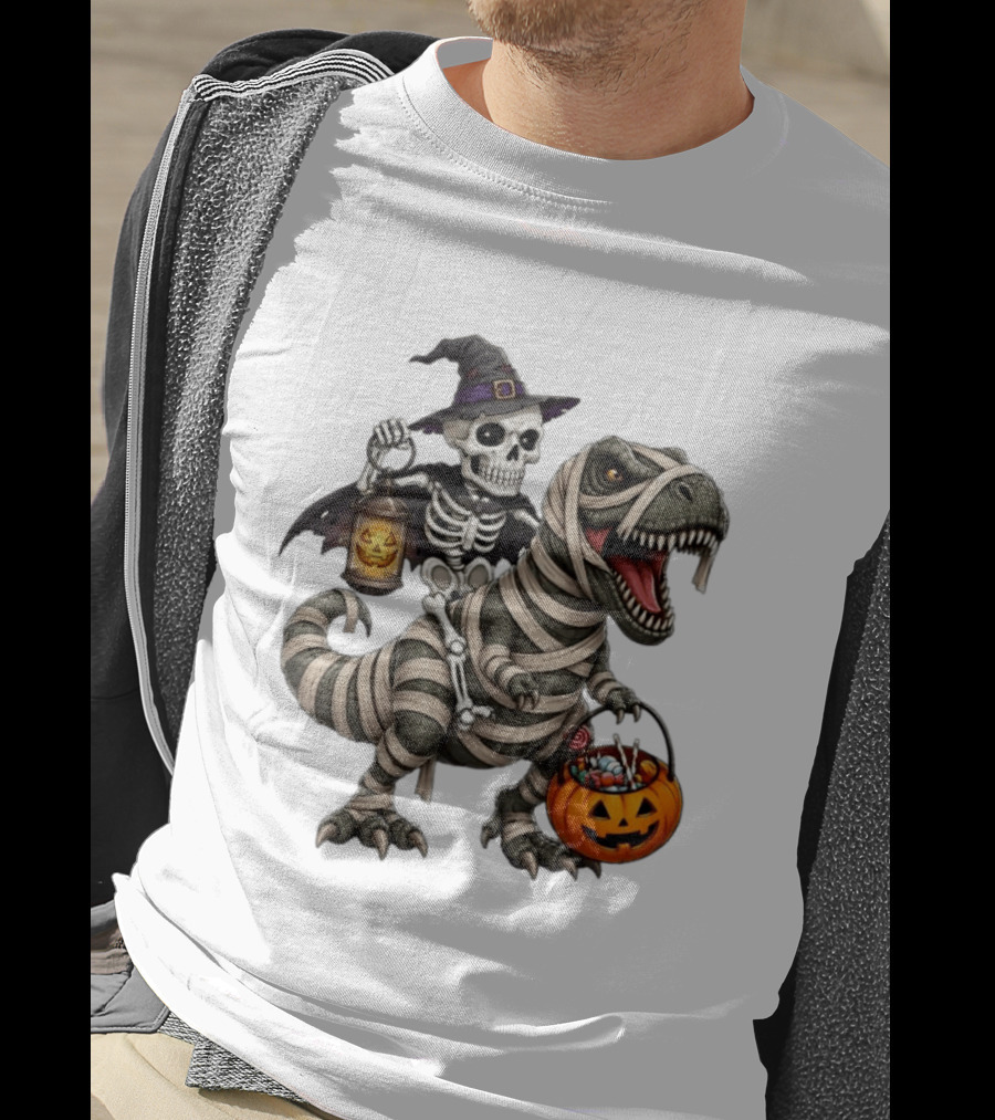 Halloween Skeleton Witch On Mummy Rex With Pumpkin Candy Bucket T-Shirt