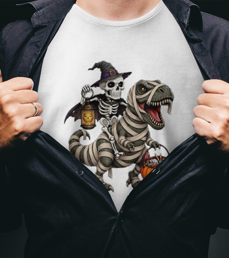 Halloween Skeleton Witch On Mummy Rex With Pumpkin Candy Bucket T-Shirt