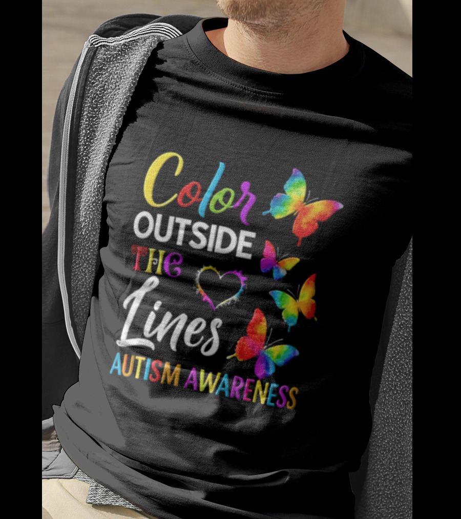 Color Outside The Lines Heart And Butterflies Autism Awareness T-Shirt