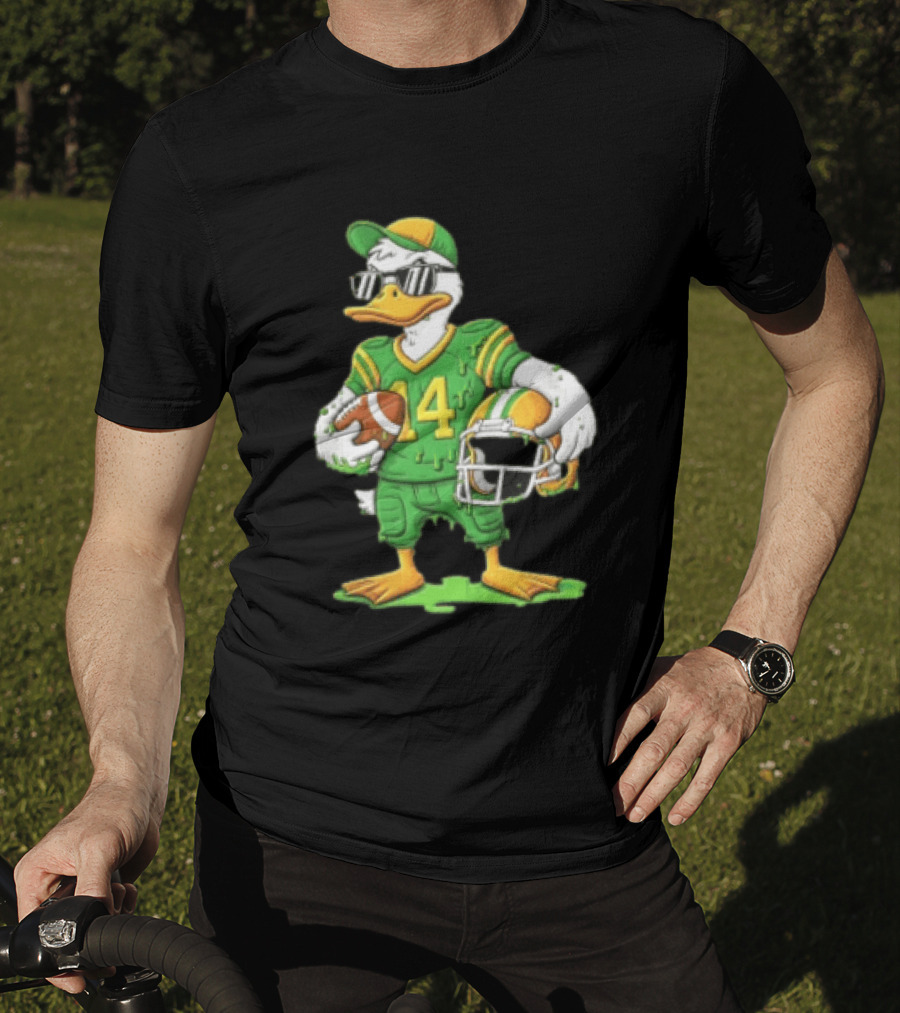 Duck With Sunglasses In Green Football Uniform Holding Helmet And Ball T-Shirt