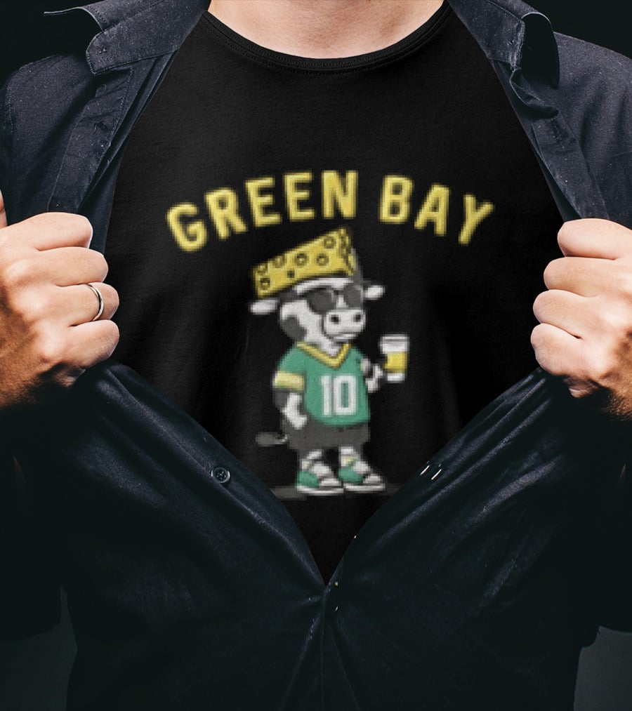 Green Bay Packers Jordan Love Cow Wearing Cheese Hat Sunglasses With Drink T-Shirt