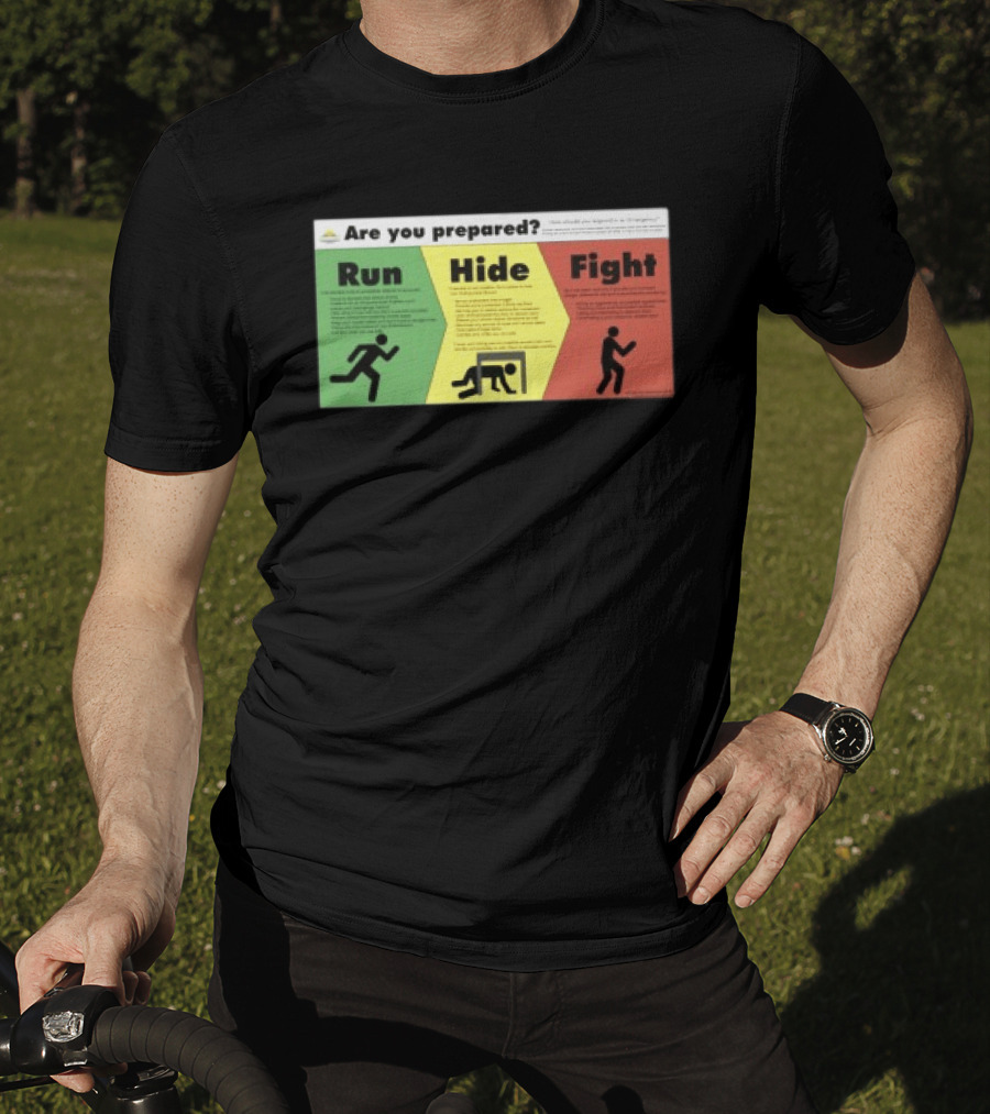 Grimykids Store Survival Guide Run Hide Fight Are You Prepared Emergency Strategy T-Shirt
