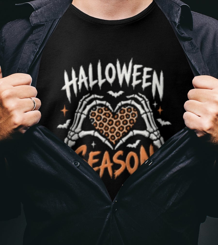 Halloween Season Skeleton Hands Heart Leopard Bats T-Shirt