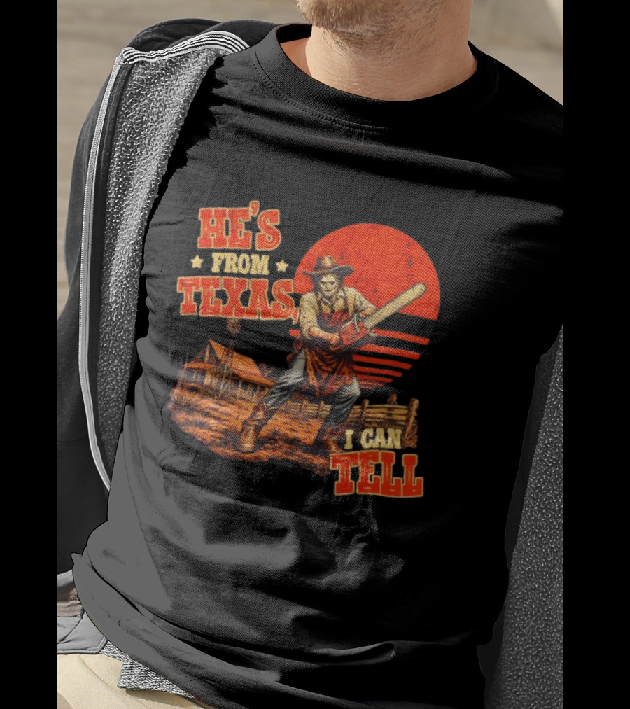 He's From Texas I Can Tell Western Chainsaw Halloween Retro Cowboy Horror Scene T-Shirt