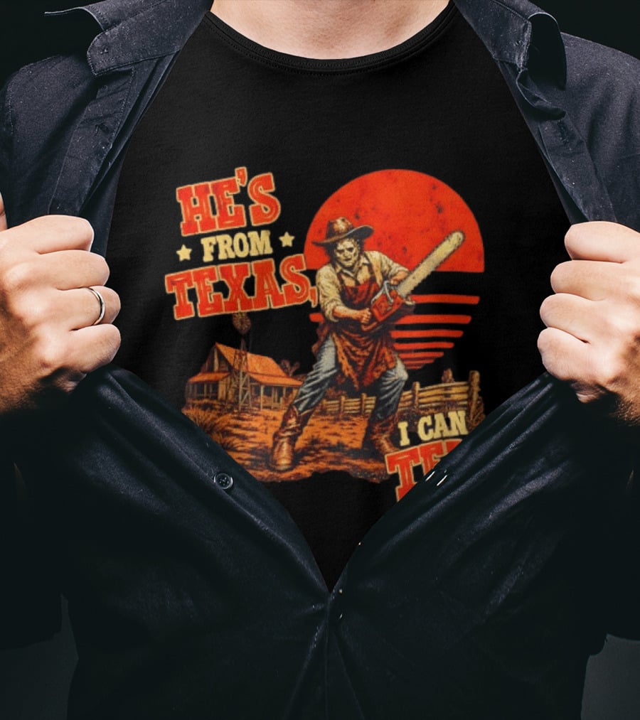 He's From Texas I Can Tell Western Chainsaw Halloween Retro Cowboy Horror Scene T-Shirt