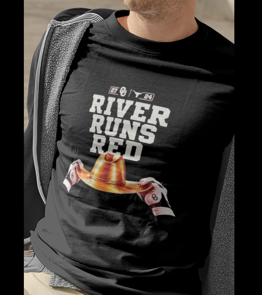 Oklahoma Sooners River Runs Red Golden Hat 2024 Victory T-Shirt