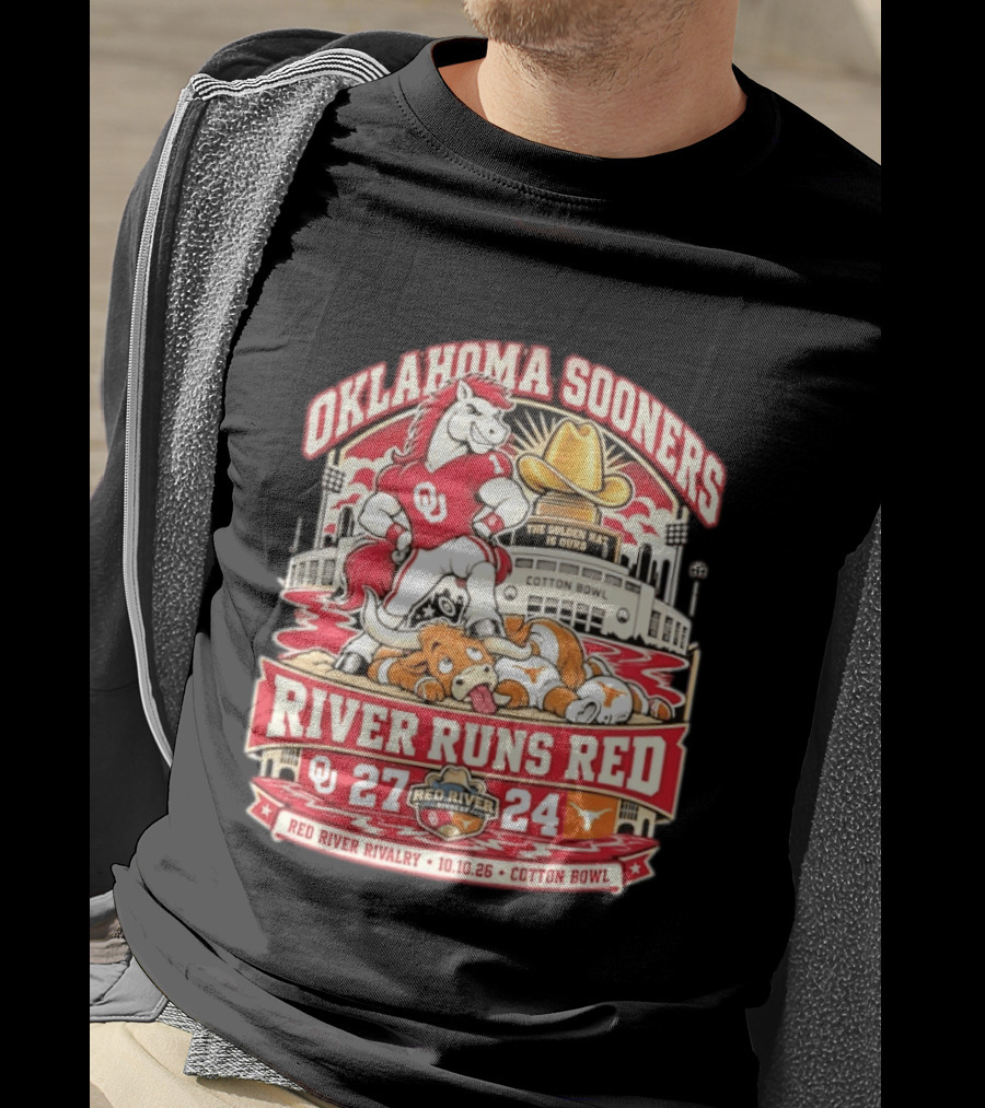 Oklahoma Sooners River Runs Red 27 24 Golden Hat Rivalry Cotton Bowl 10.10.26 T-Shirt