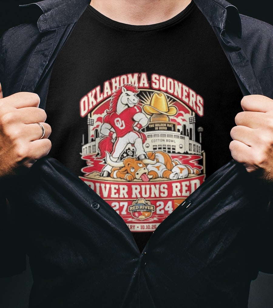 Oklahoma Sooners River Runs Red 27 24 Golden Hat Rivalry Cotton Bowl 10.10.26 T-Shirt