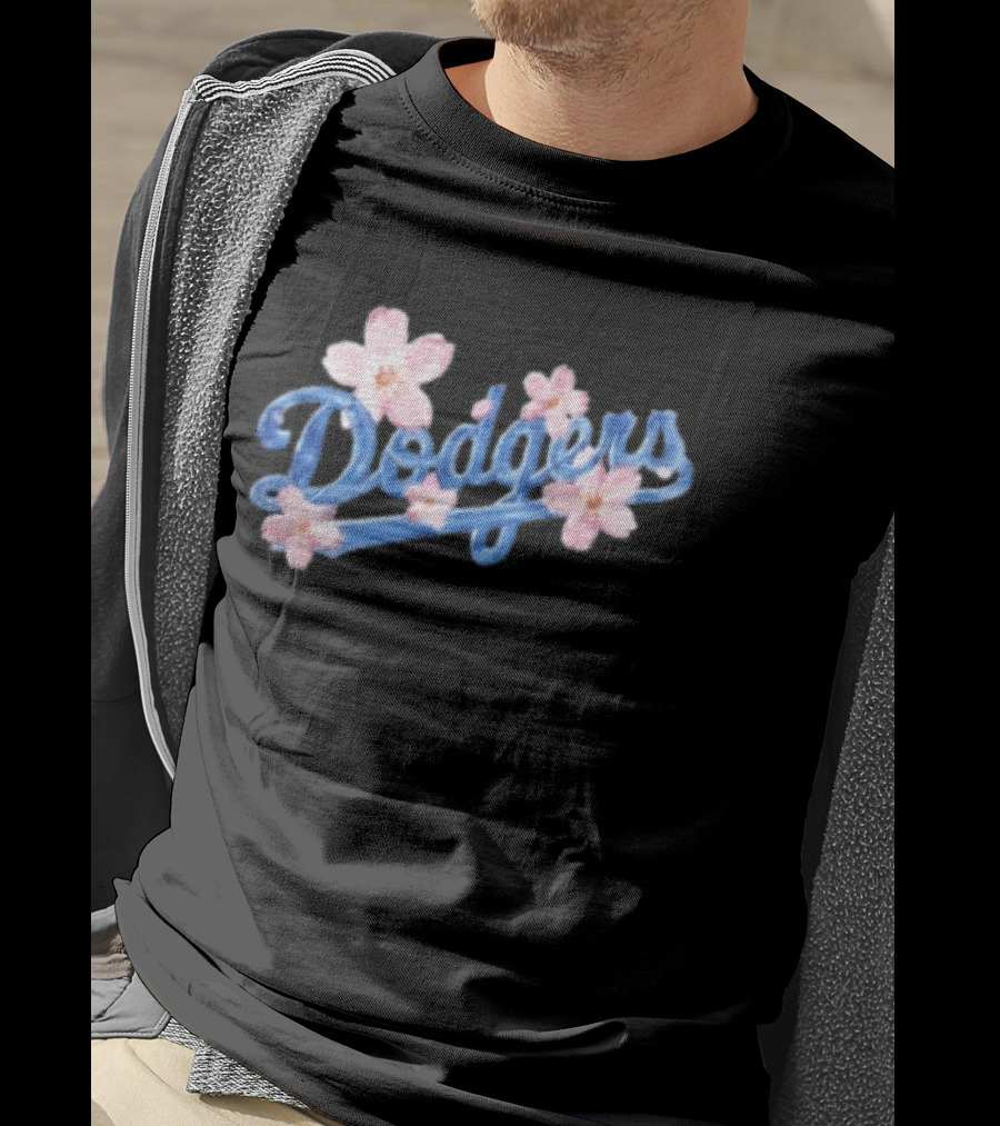 Los Angeles Dodgers Blue Script Pink Flowers T-Shirt