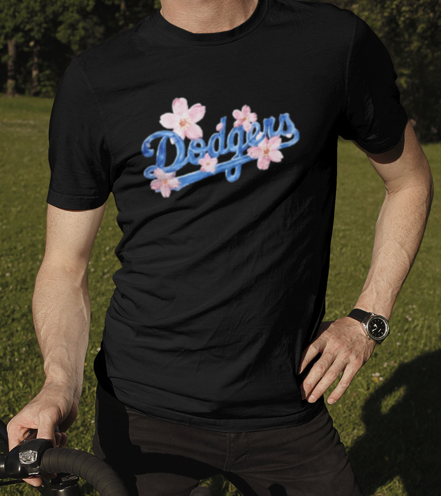Los Angeles Dodgers Blue Script Pink Flowers T-Shirt