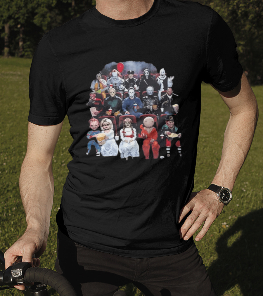 Horror Movie Characters In Cinema Seating With Popcorn And Drinks T-Shirt