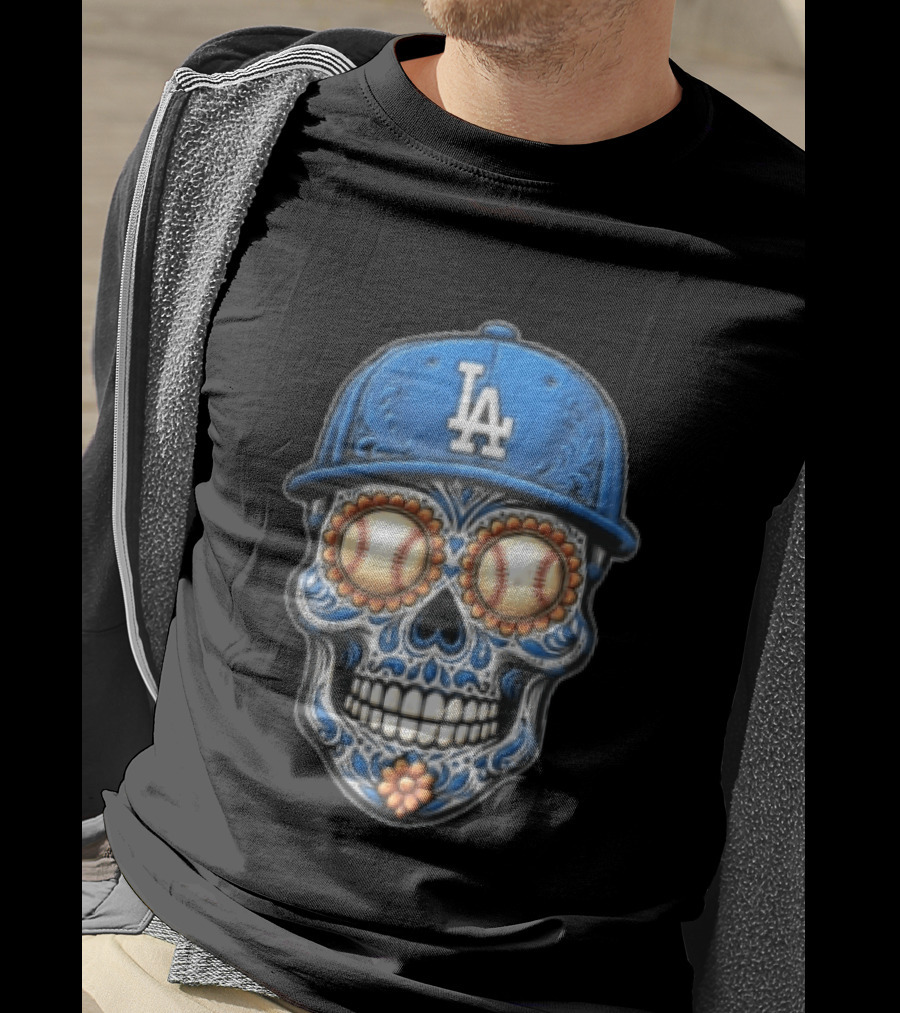Los Angeles Dodgers Sugar Skull Baseball Eyes Hat MLB Fan Merchandise T-Shirt