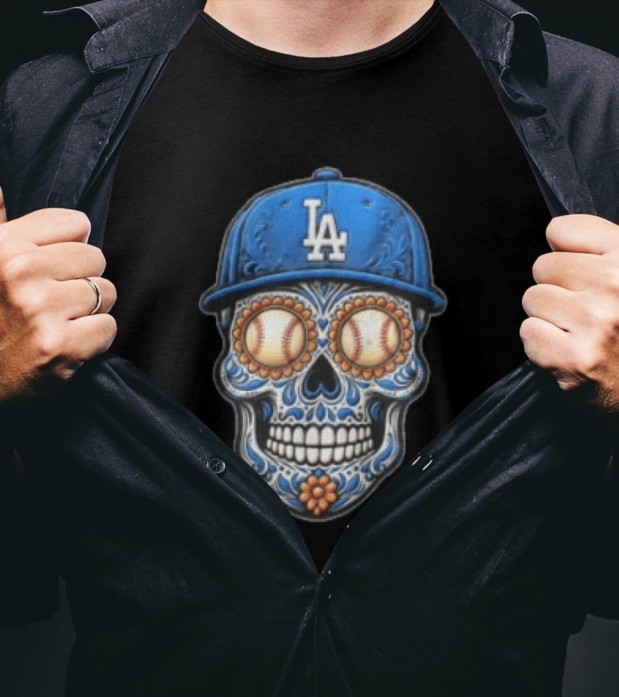 Los Angeles Dodgers Sugar Skull Baseball Eyes Hat MLB Fan Merchandise T-Shirt