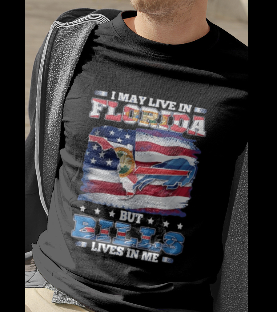 I May Live In Florida But Bills Lives In Me Buffalo Bills Flag Map T-Shirt