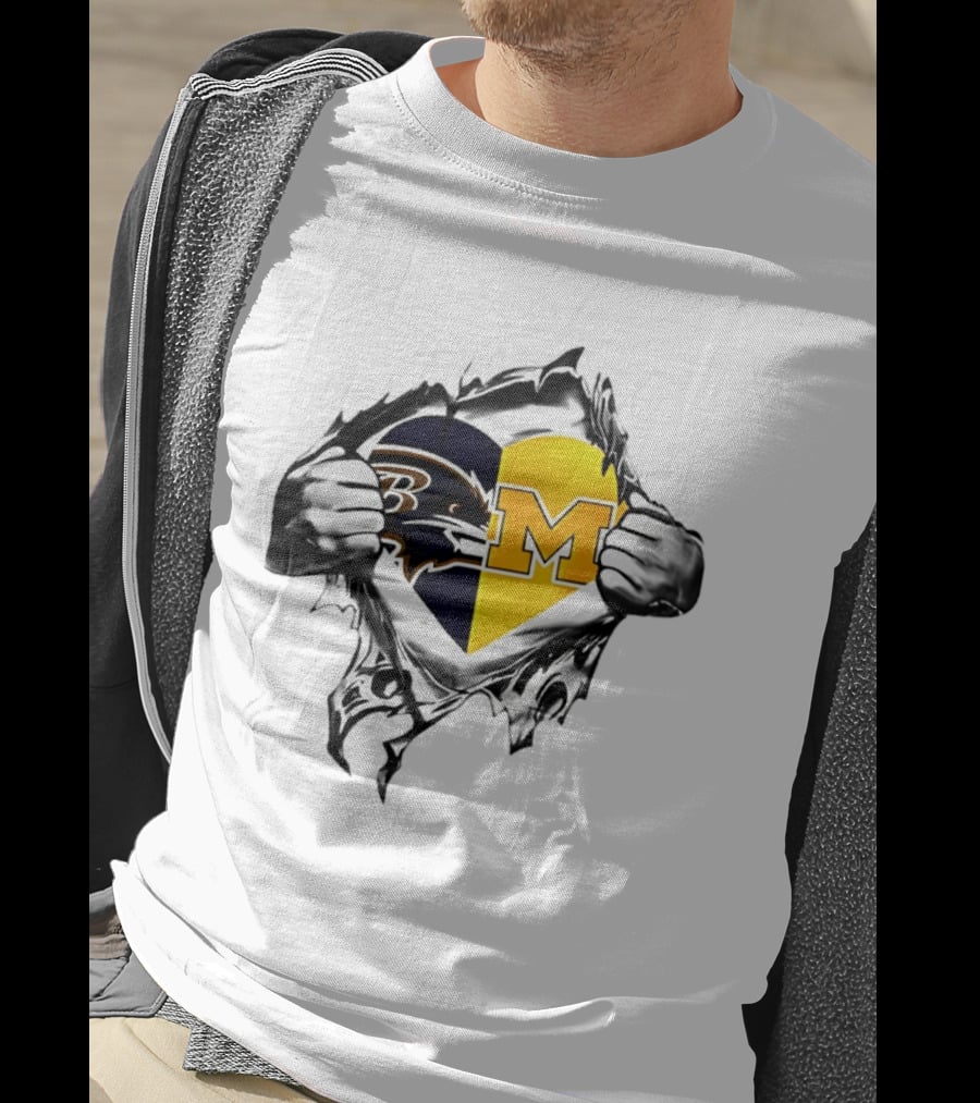 Ravens Michigan Heart Rips Open Chest Men's Double Loyalty Football Fan Gear T-Shirt