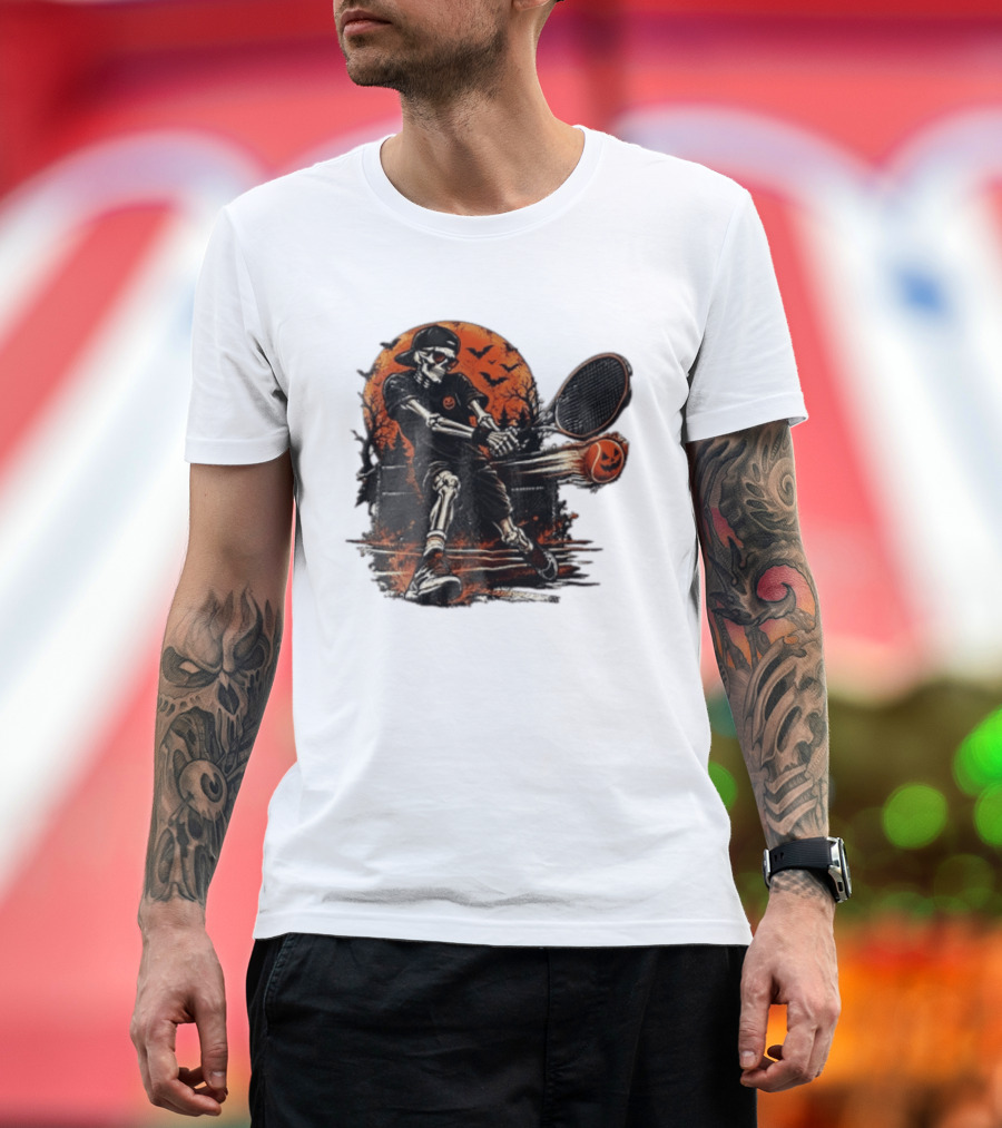 Halloween Skeleton Tennis Player With Pumpkin Ball And Full Moon T-Shirt