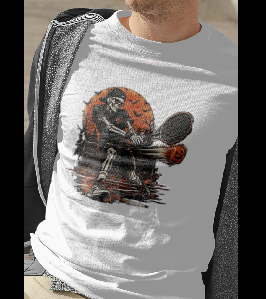 Halloween Skeleton Tennis Player With Pumpkin Ball And Full Moon T-Shirt