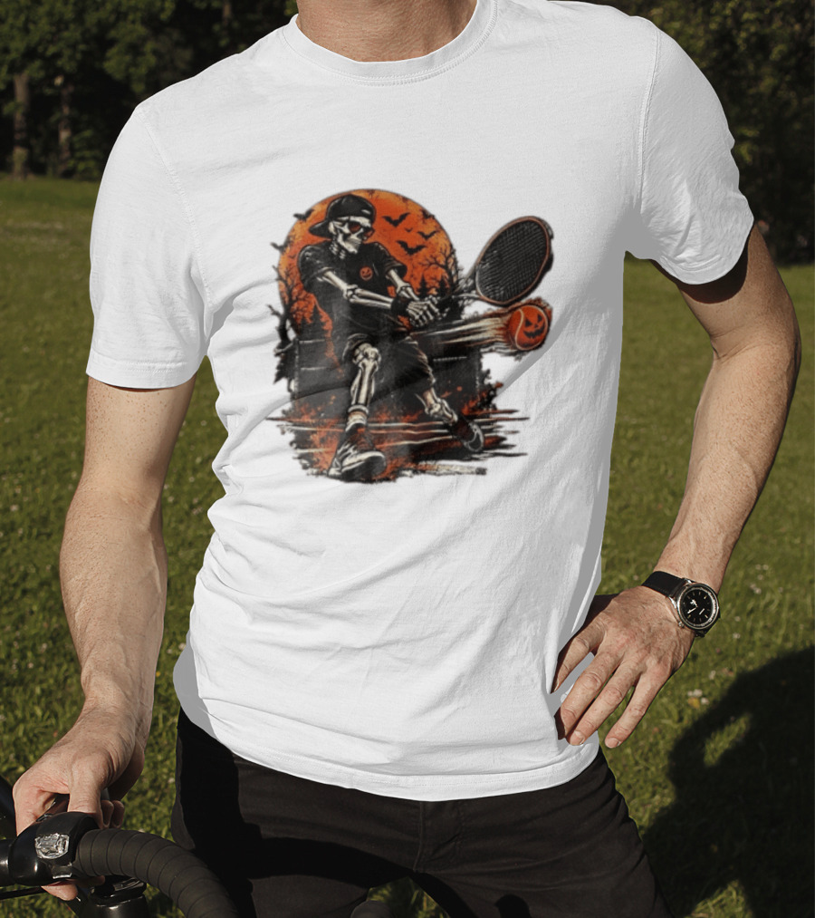 Halloween Skeleton Tennis Player With Pumpkin Ball And Full Moon T-Shirt
