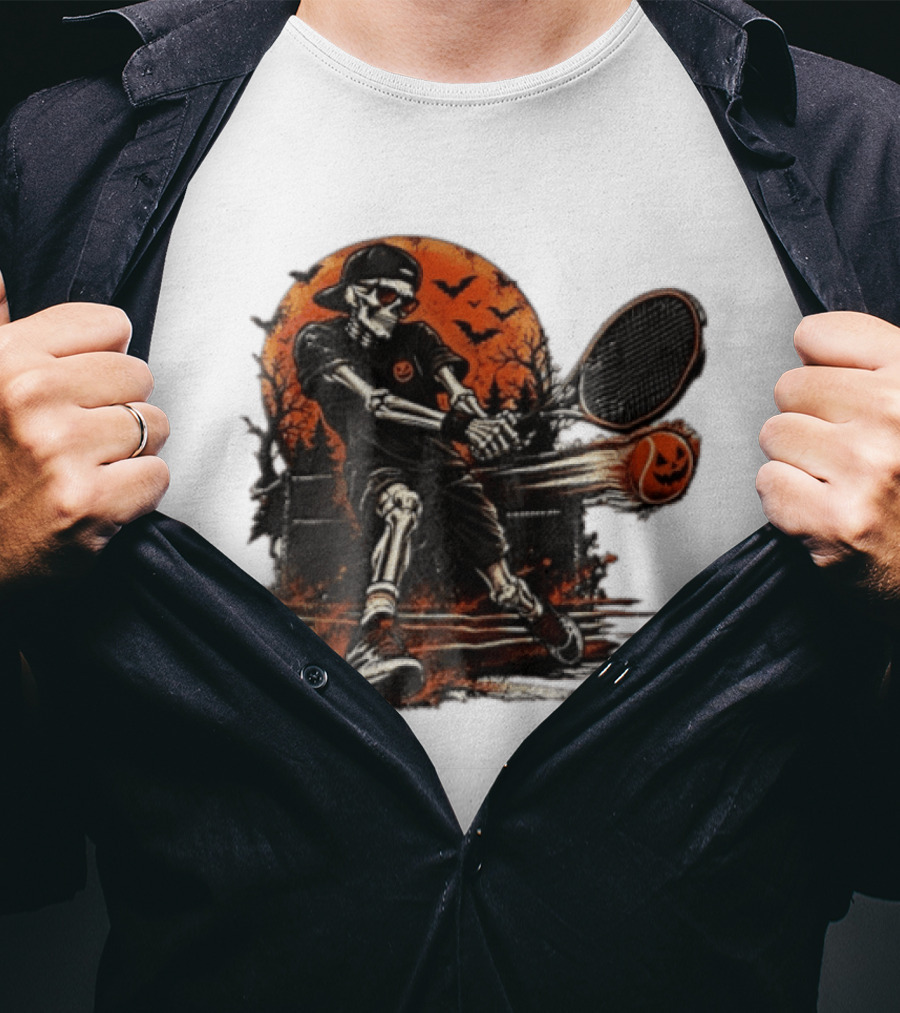 Halloween Skeleton Tennis Player With Pumpkin Ball And Full Moon T-Shirt