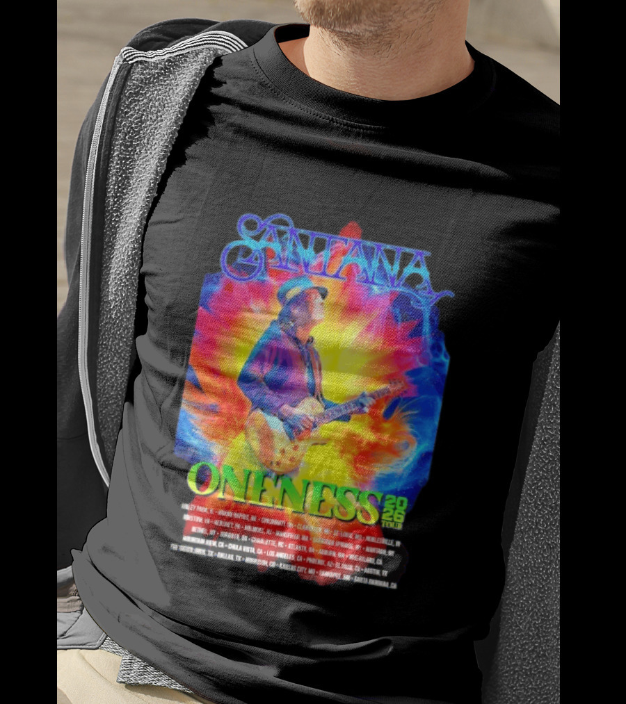 Santana Oneness 2026 Tour Carlos Santana Fire And Ice Tinley Park IL To Santa Barbara CA T-Shirt