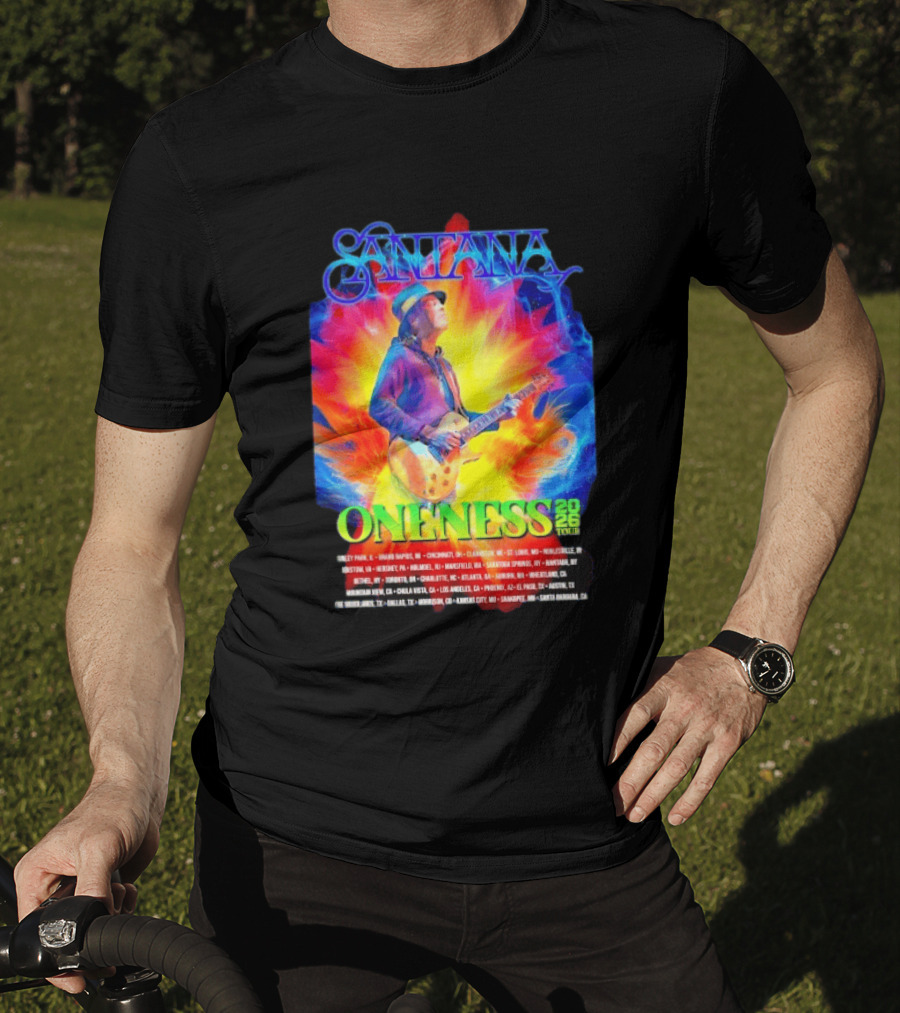 Santana Oneness 2026 Tour Carlos Santana Fire And Ice Tinley Park IL To Santa Barbara CA T-Shirt