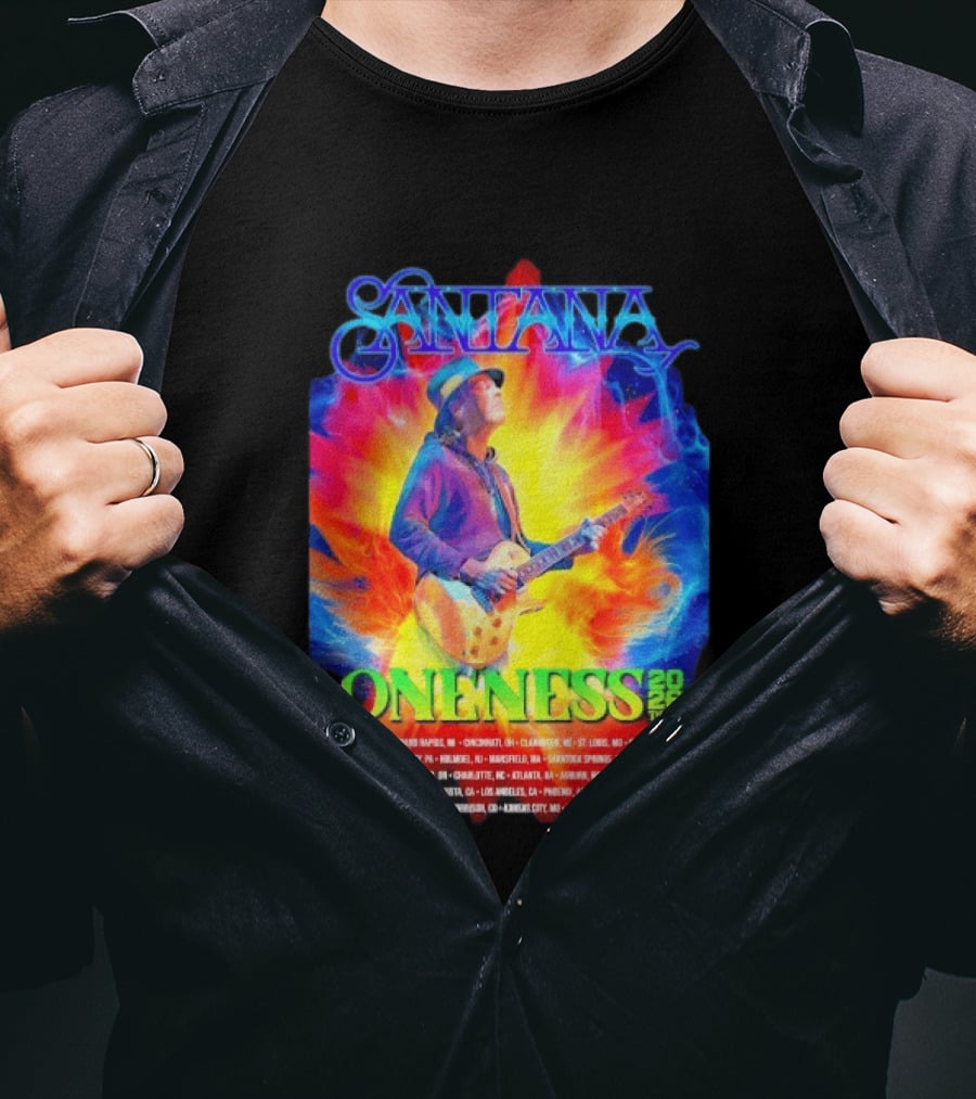Santana Oneness 2026 Tour Carlos Santana Fire And Ice Tinley Park IL To Santa Barbara CA T-Shirt