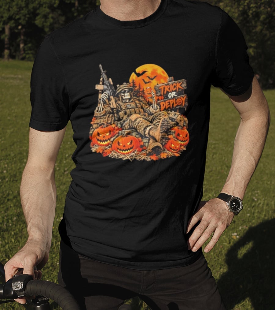 Trick Or Deploy Skeleton Soldier With Halloween Pumpkins And Rifle T-Shirt