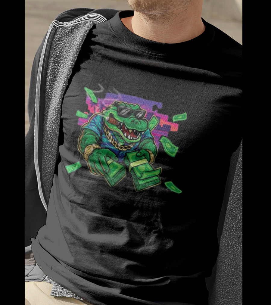 The Wynwood Walls Store Gons Audet Vice City Stylish Cigar Smoking Alligator With Sunglasses And Money T-Shirt