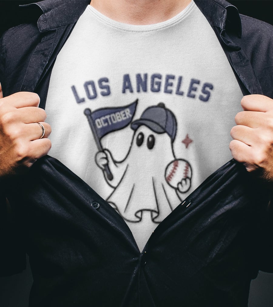 Los Angeles Dodgers Ghost With Flag And Baseball Cap T-Shirt
