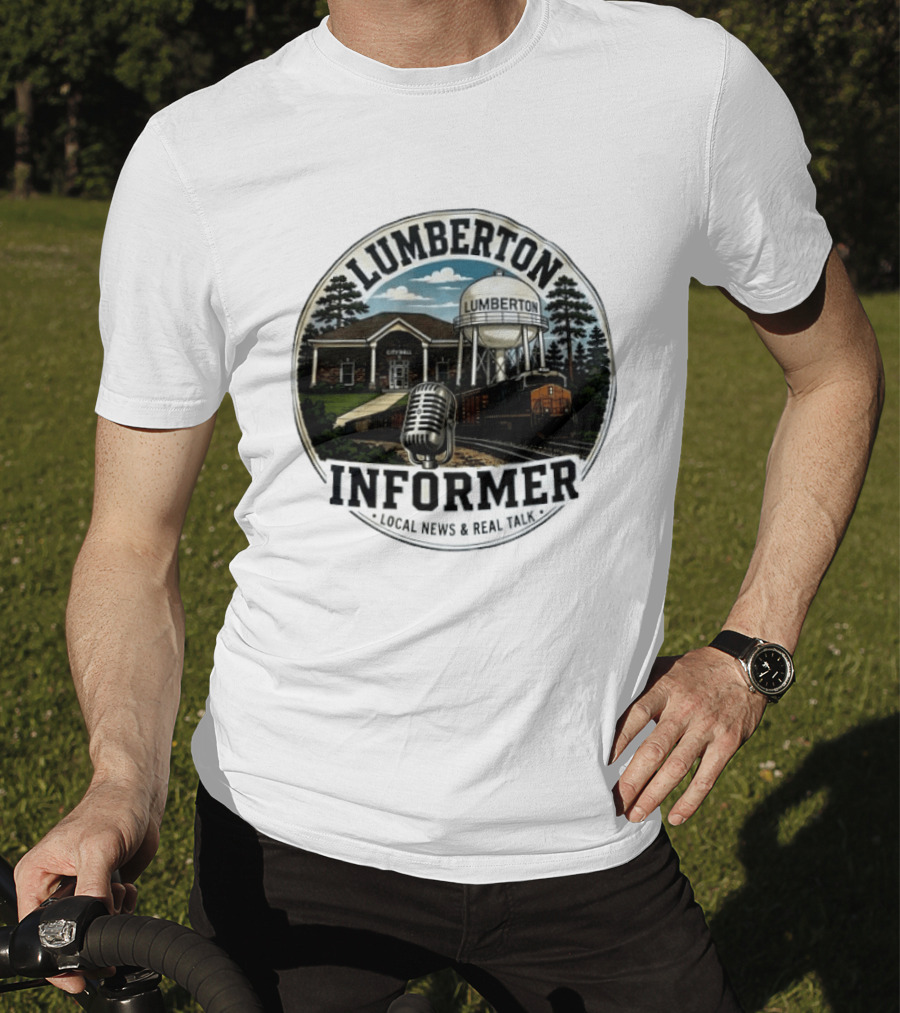 Lumberton Informer Local News Real Talk City Hall Microphone Train Tower Scenery T-Shirt